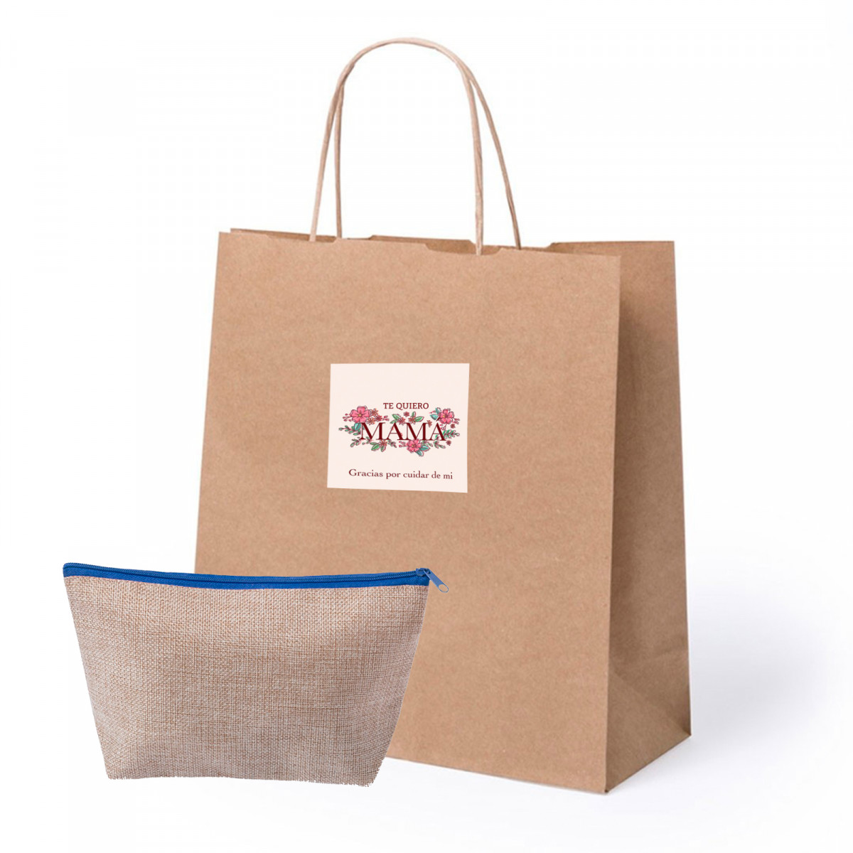 Neceser en bolsa kraft con adhesivo personalizado para detalles del día de la madre