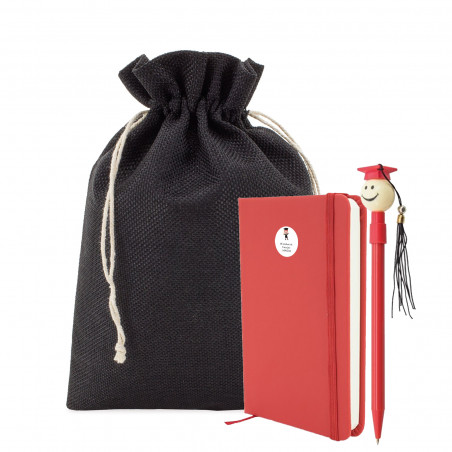 Cuaderno con adhesivo personalizable y bolígrafo de graduación en bolsa de tela para chico