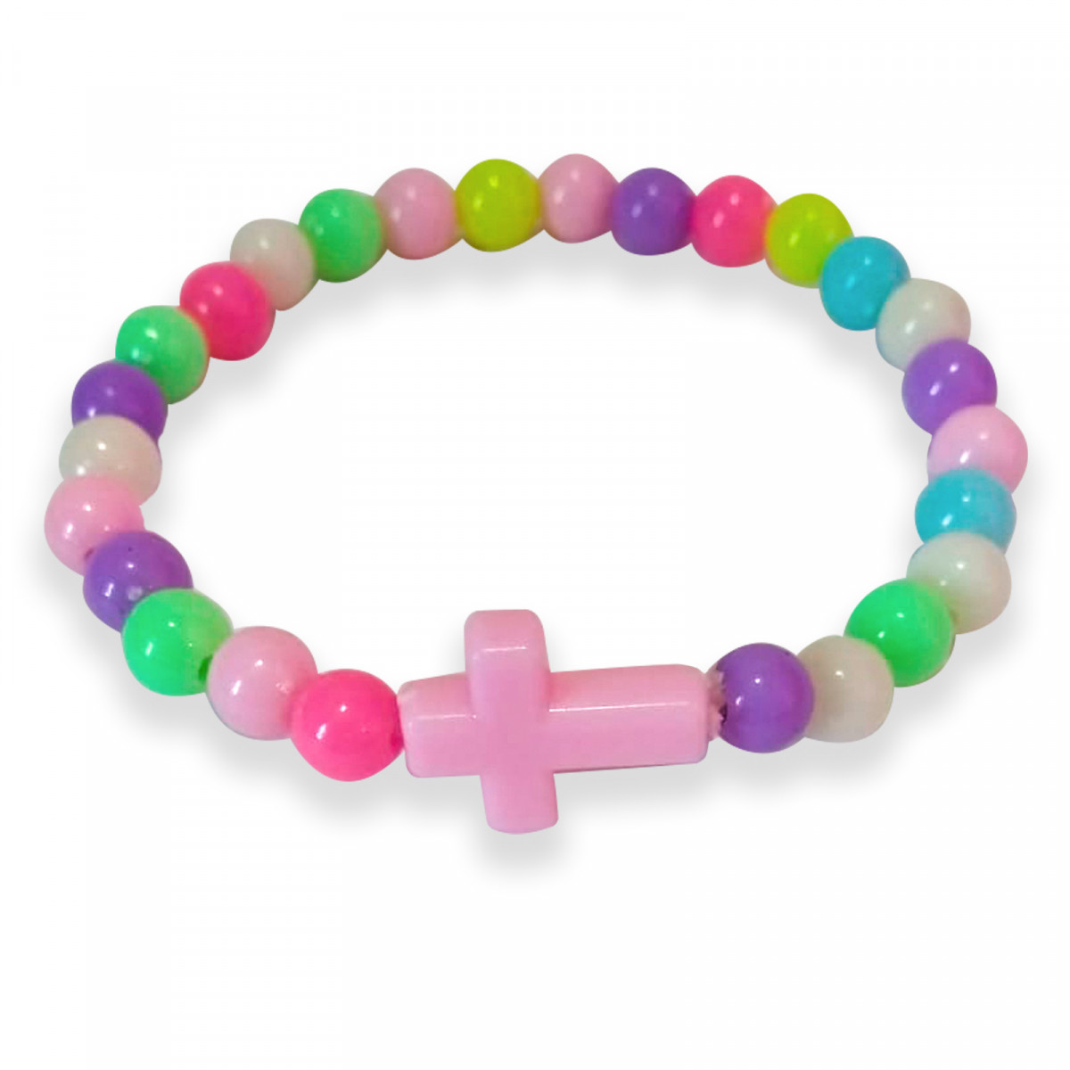 Pulsera de bolitas de colores para niña con cruz