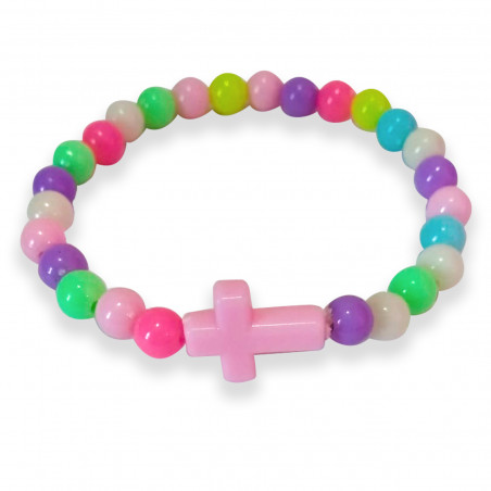 Pulsera de bolitas de colores para niña con cruz