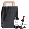Botella de vino personalizada con sacacorchos presentado en bolsa kraft negra