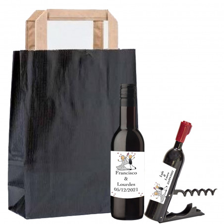 Botella de vino personalizada con sacacorchos personalizado presentado en bolsa kraft negra