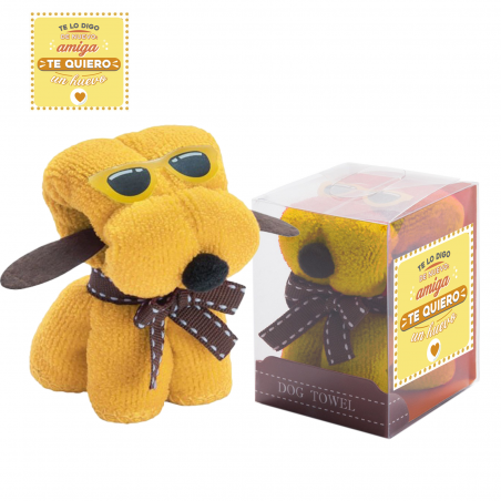 Toalla amarilla en forma de perro con adhesivo para regalo de amigas