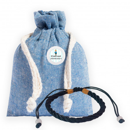 Pulsera cordones en bolsita de tela con chapa personalizara para comunión niño