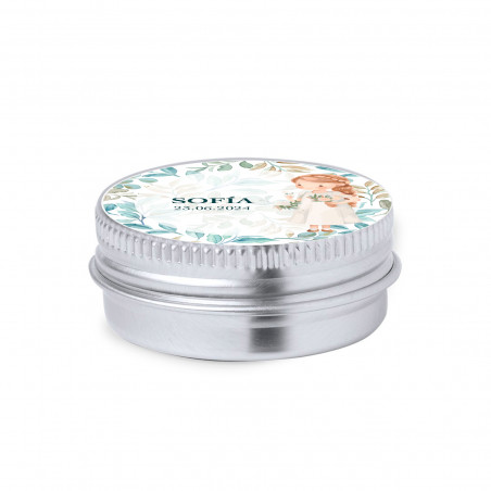 Bálsamo labial vegano en caja de aluminio con adhesivo personalizado para detalles comunión niña
