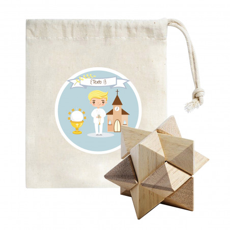 Puzzle de ingenio presentado en bolsa de tela con adhesivo personalizable para niño de comunión