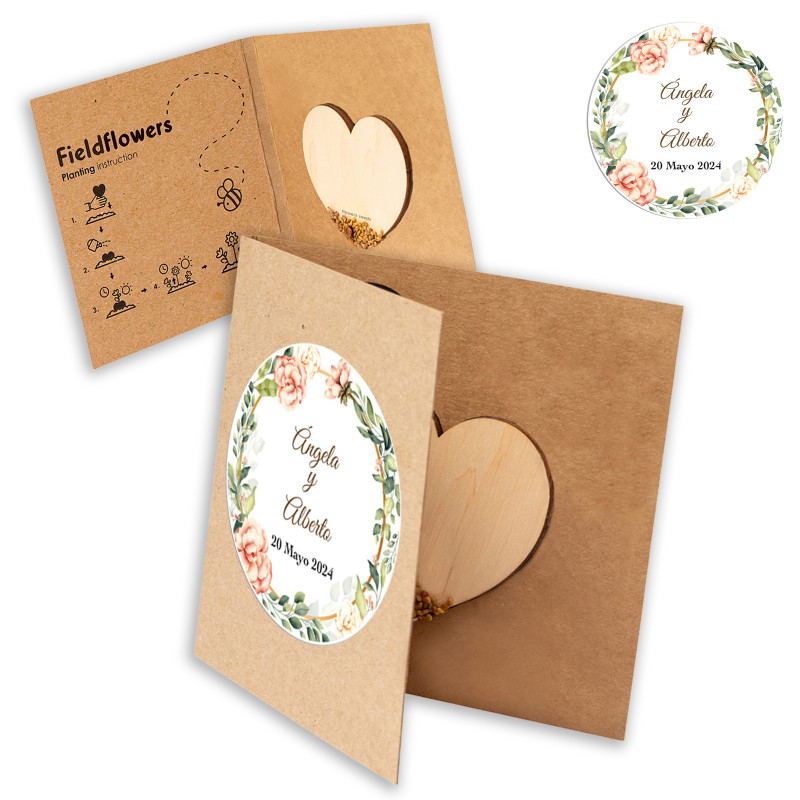 Corazón de semillas de flores silvestres con adhesivo personalizado para bodas y eventos