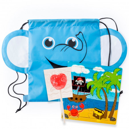 Puzzle pirata en mochila de elefante con piruleta para detalles niños