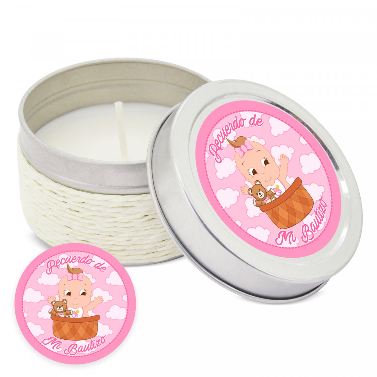 Vela aromática personalizada con adhesivo para detalles bautizo