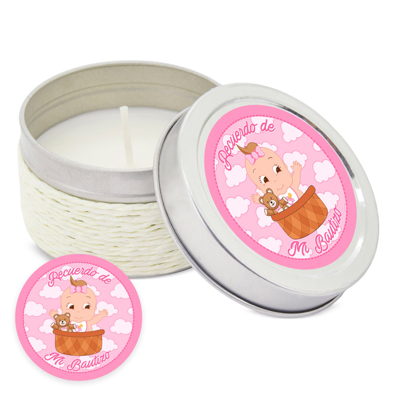Vela aromática personalizada con adhesivo para detalles bautizo