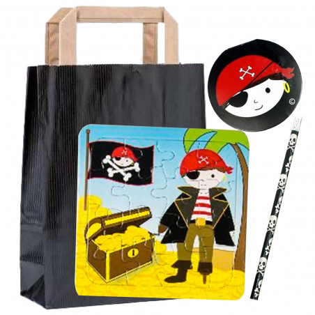 Puzzle pirata con libreta y lápiz presentado en bolsa kraft negra