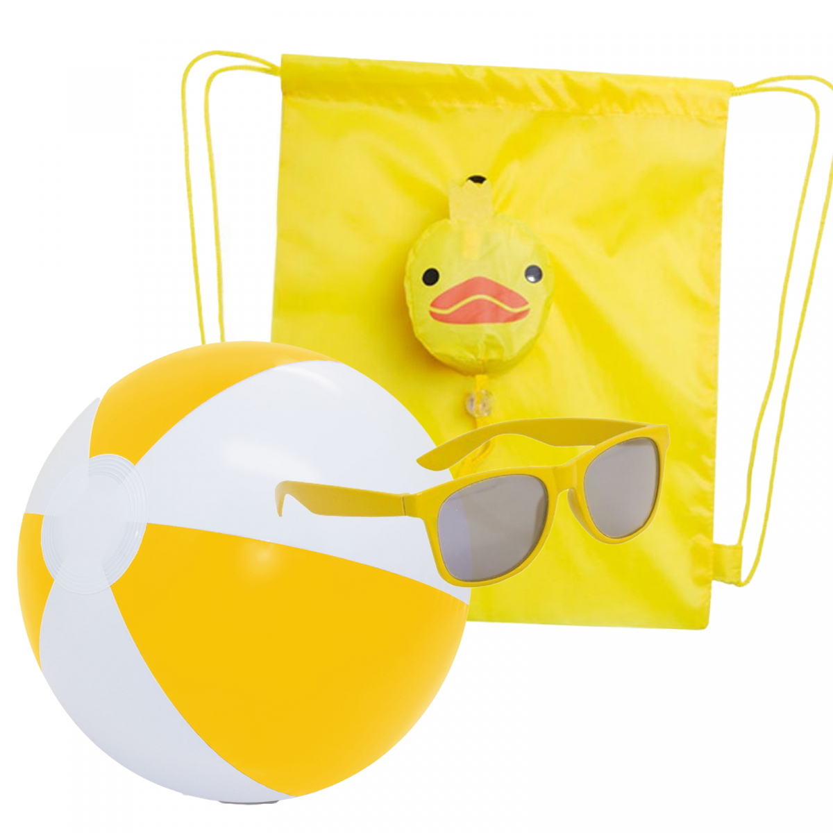 Gafas de sol amarillas infantil y pelota de playa con mochila de pato
