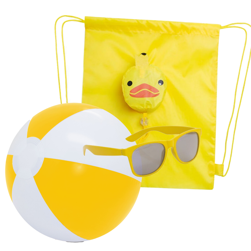 Gafas de sol amarillas infantil y pelota de playa con mochila de pato