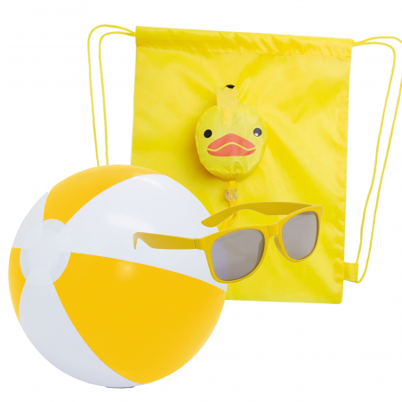 Gafas de sol amarillas niño y pelota de playa con mochila de pato a juego