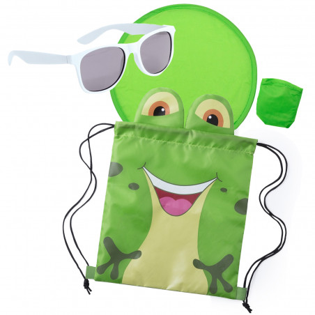 Mochila para niños en forma de rana con frisbee y gafas de sol