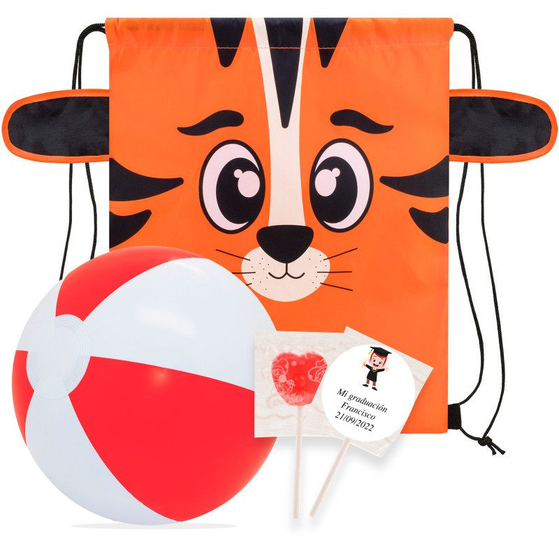 Bolsa tigre con balón de playa y piruleta con adhesivo personalizado para detalles graduación