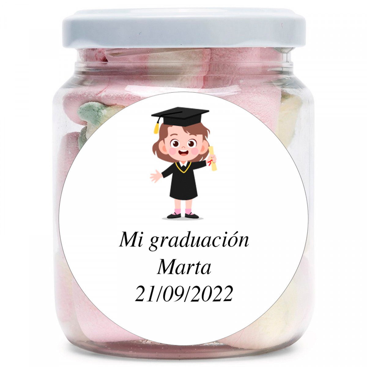 Tarro de chuches con adhesivo de graduación personalizado