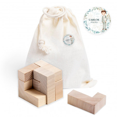 Tetris de madera cuadrado con bolsa de tela y chapa personalizada para detalles comunión niño