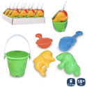 Cubo de playa con accesorios para niños en bolsa con adhesivo personalizado para detalles guarderías