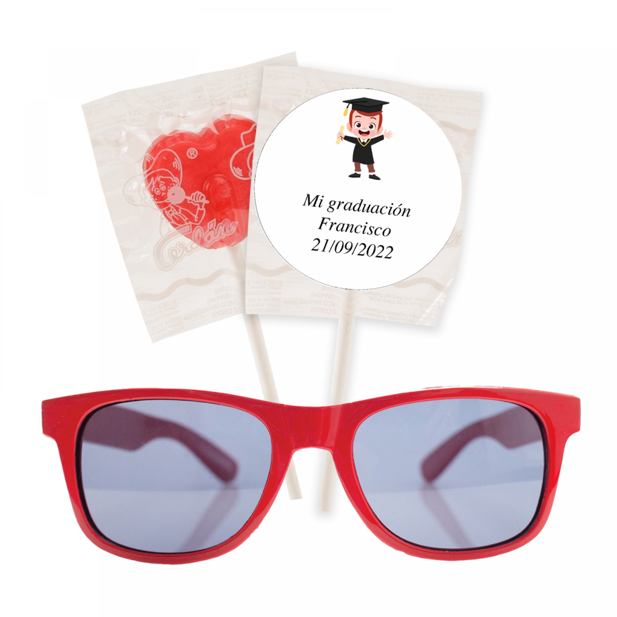 Gafas de sol de niño rojas con piruleta corazon y adhesivo personalizado de graduación