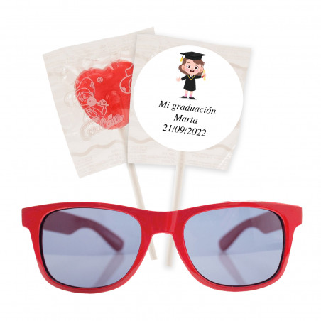 Gafas de sol infantiles y piruleta personalizada para graduación de niña