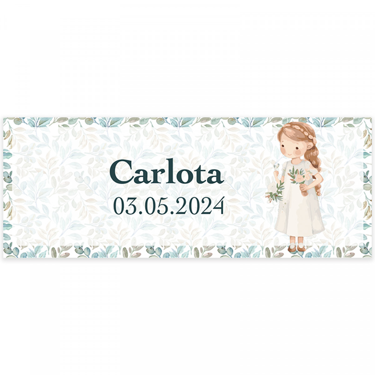 Adhesivo personalizado comunión niña 13 x 5 cm especial botellas