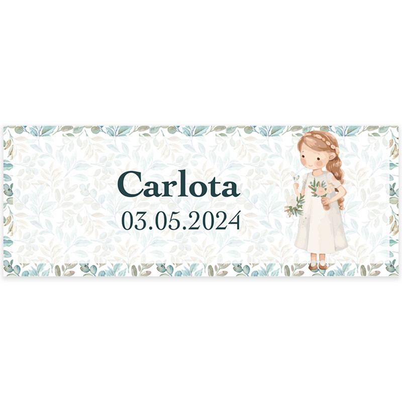 Adhesivo personalizado comunión niña 13 x 5 cm especial botellas