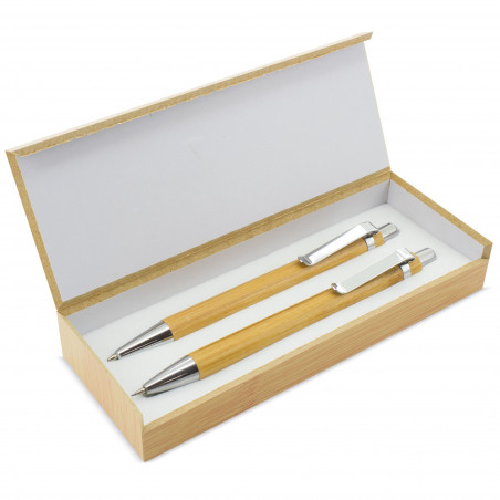 Set de escritura con bolígrafo y portaminas en estuche de bambú con adhesivo personalizado para bodas