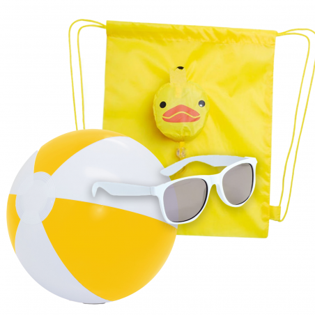 Gafas de sol blancas infantiles y pelota de playa con mochila de pato