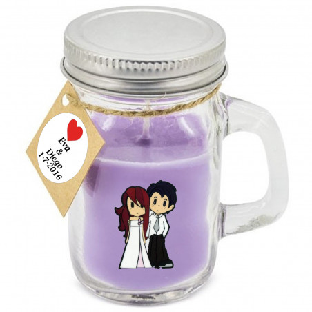 Vela color lila en jarra de cristal personalizada para bodas