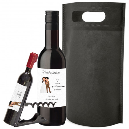 Botella de vino con sacacorcho personalizados para bodas con bolsa de regalo