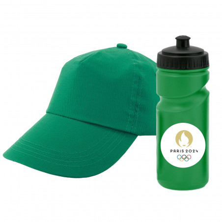 Gorra verde y bidón para bebidas a juego personalizado para empresas