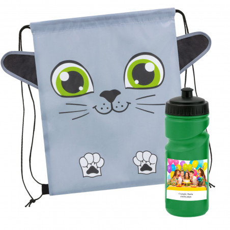 Mochila en forma de gato con bidón de agua con adhesivo personalizado