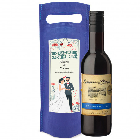 Botella de vino en bolsa personalizada con adhesivo de bodas