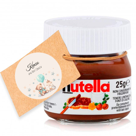Nutella 25 gr. con etiqueta colgante personalizada para detalles bautizos