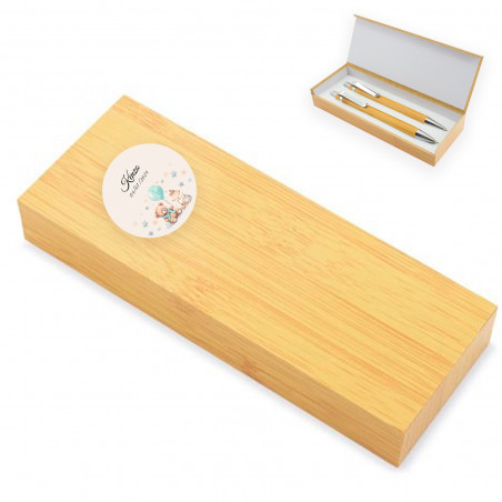 Set bolígrafo y portaminas de bambú en caja con adhesivo personalizado para detalles bautizo