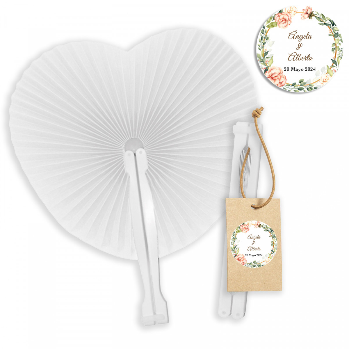 Pai pai en forma de corazón blanco con etiqueta personalizado para bodas y eventos