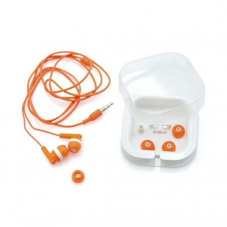 Auriculares rojos en estuche personalizado con adhesivo para graduación de chica