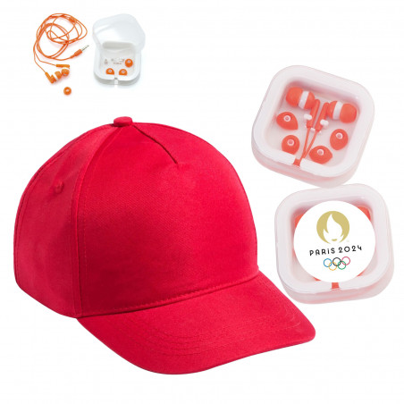 Gorra roja infantil y auriculares a juego con adhesivo personalizado