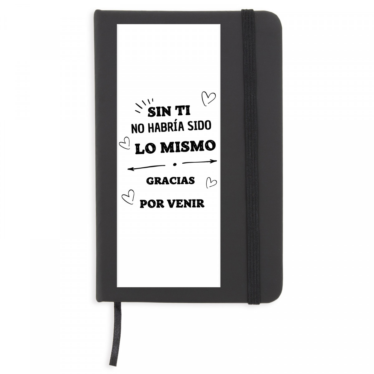 Libreta negra con hojas blancas con adhesivo de gratitud