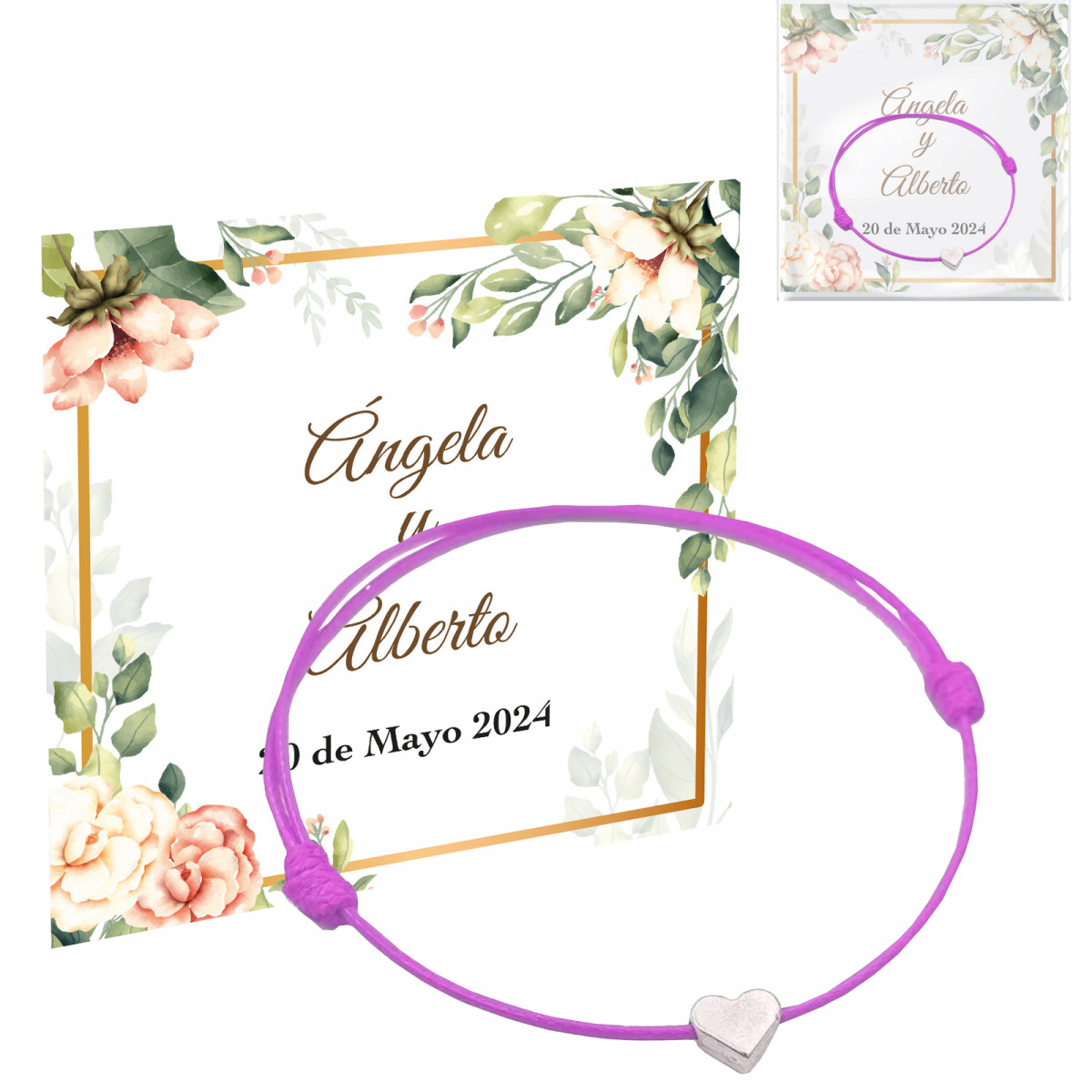 Pulsera corazón rosa con hilo en tarjeta personalizada