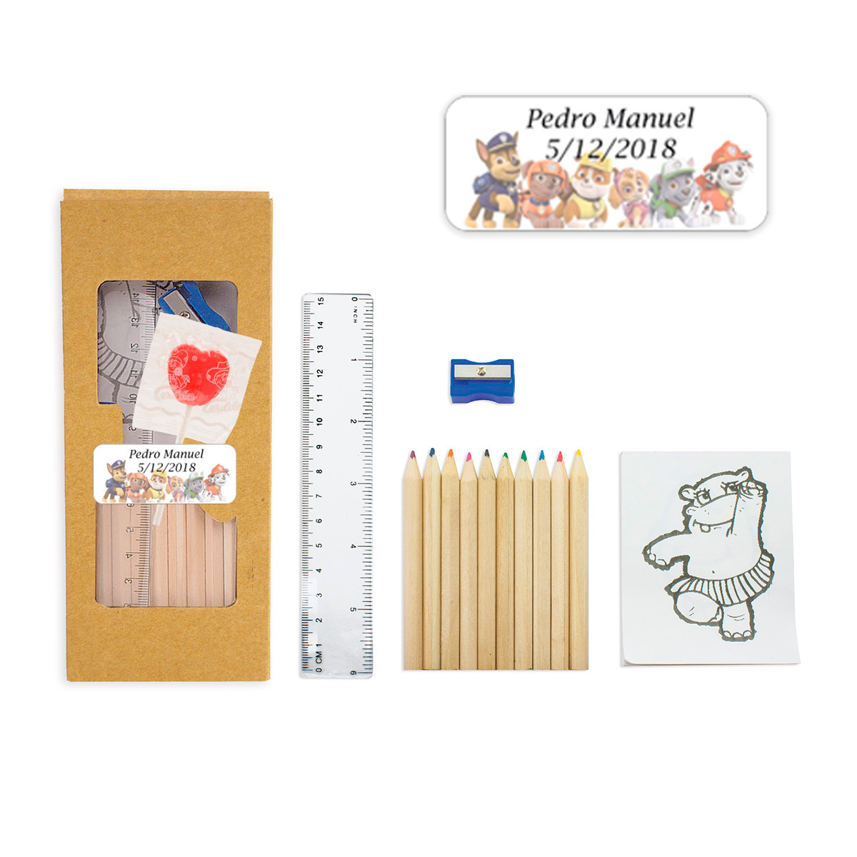 Set para colorear con piruleta y adhesivo de la patrulla canina personalizado para detalles eventos