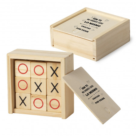 Tres en Raya con piezas de madera en caja con tapa con dedicatoria