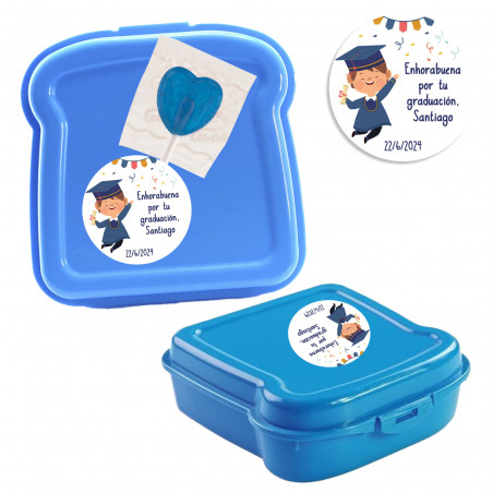 Fiambrera sandwich con piruleta de corazón y adhesivo de graduación personalizado chico