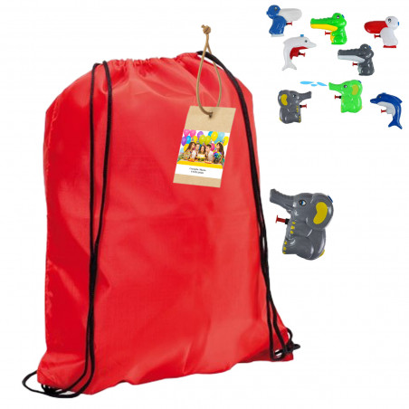 Mochila saco roja y pistola de agua de animales con hangtag personalizado con foto