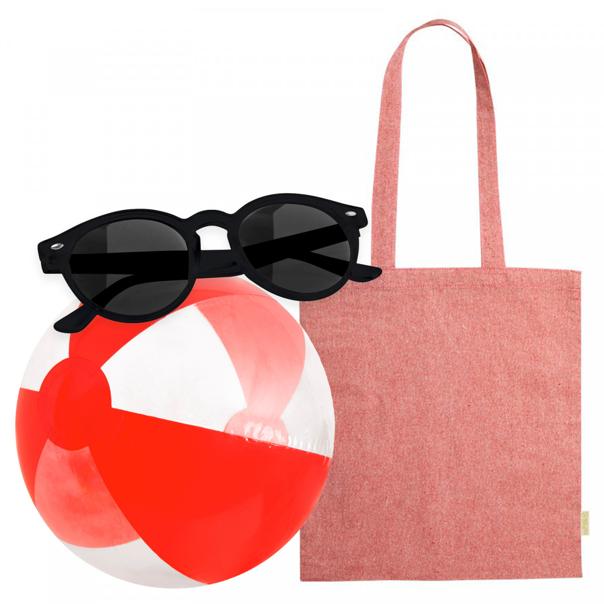 Gafas de sol con bolsa de tela y pelota de playa