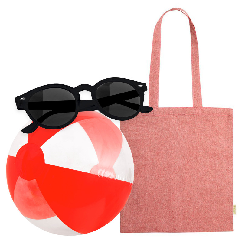 Gafas de sol con bolsa de tela y pelota de playa