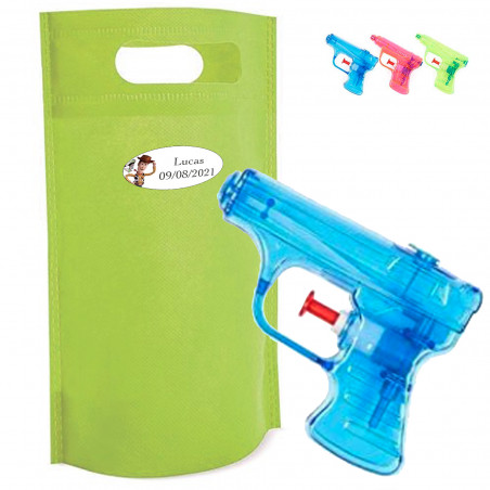 Pistola de agua niños en bolsa de regalo y adhesivo personalizado