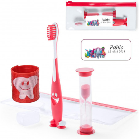 Cepillo de dientes niños en estuche transparente con reloj de arena y muelle divertido