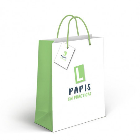 Bolsa de papel mediana con mensaje "papis en prácticas"